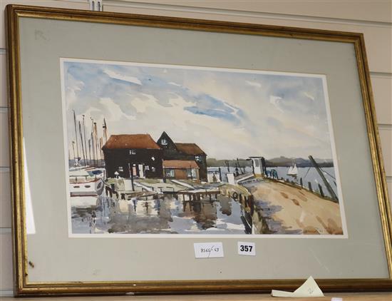 Ethel Rawlings, watercolour, Pin Mill, signed, 30 x 48cm